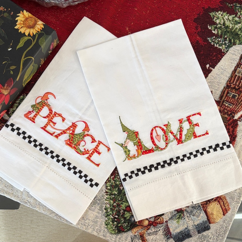 MacKenzie-Childs Peace and Love Towels - White, Red, Green